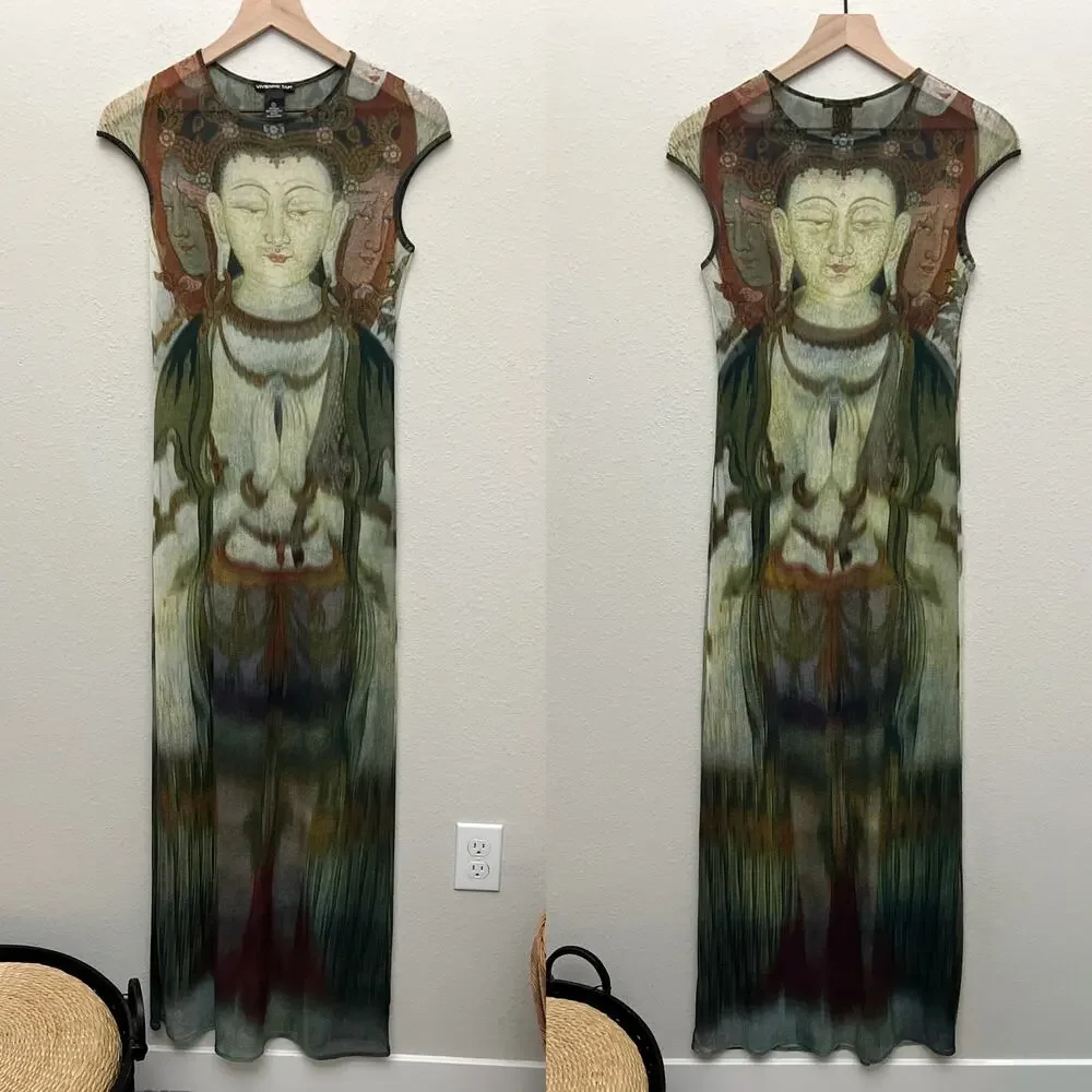 vintage 90s rare vivienne tam kuan yin buddha print mesh maxi dress - Picture 4 of 9